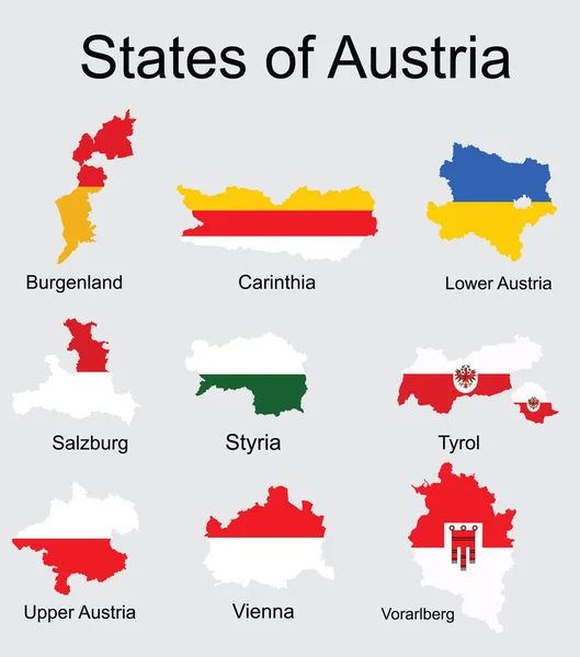 オーストリア地方の州旗地図 バーガーランド カリンシア 下オーストリア ザルツブルク スタイリア チロル 上オーストリア ウィーン ヴォアルバーグの旗 — ストックベクタ