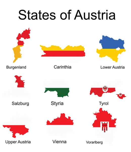 オーストリア地方の州旗地図 バーガーランド カリンシア 下オーストリア ザルツブルク スタイリア チロル 上オーストリア ウィーン ヴォアルバーグの旗 — ストックベクタ