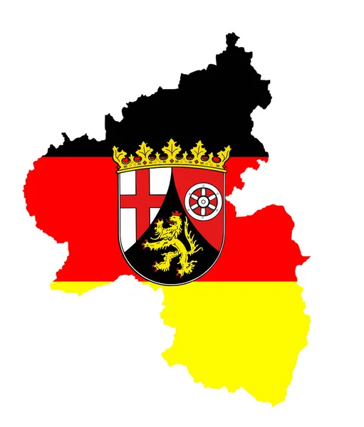 コート ラインラント プファルツ州の紋章が 白い背景に描かれた旗のシルエットのイラストでベクトルマップ上に描かれています ドイツ国家 ドイツの州 ラインラント プファルツ州 — ストックベクタ