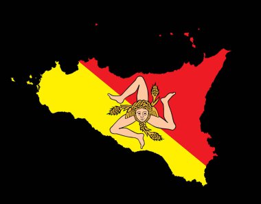 Sicilya vektör haritası silüeti siyah arkaplanda izole edilmiş. Sicilya bayrağı. Heraldik Sicilya, mühür, amblem. Orijinal Sicilya arması.