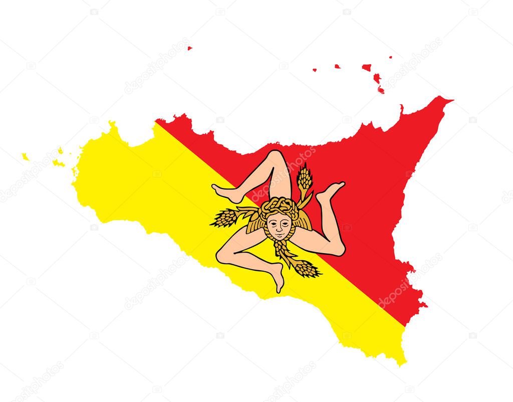 Sicily vector map silhouette illustration isolated on white background. Flag of Sicily vector. Heraldic Sicily, seal, emblem. Original Sicily coat of arms.
