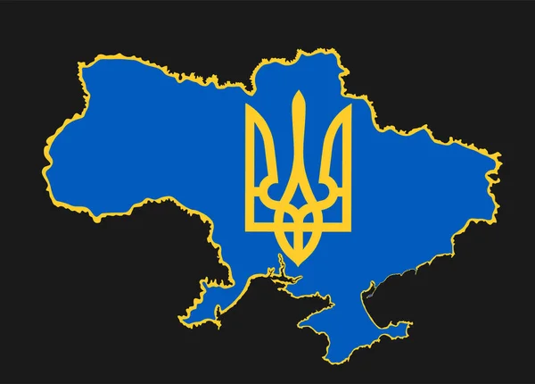 乌克兰地图上的国旗与臂章矢量轮廓描绘孤立在黑色背景 乌克兰国徽 — 图库矢量图片