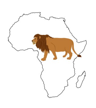 Kıta Afrika haritası, beyaz arkaplanda izole edilmiş aslan vektör çizimi ile siluet oluşturur. Hayvan kralı. Büyük kedi. Afrika 'nın gururu. Leo Zodiac sembolü. Vahşi yaşam yırtıcısı. 