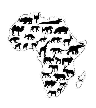 Afrika 'nın kıta haritası silueti vahşi hayvanlarla sınırlandırır. Afrika doğası için seyahat davetiyesi. Zürafa, aslan, fil, gergedan, su aygırı ve zebrayla dolu Savannah safari gezisi.