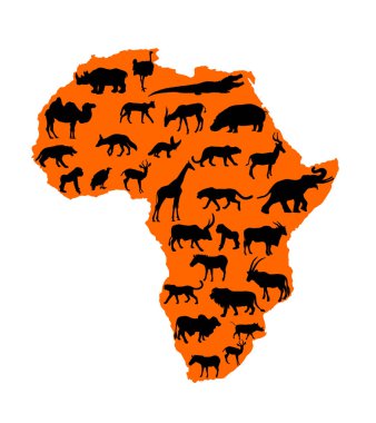 Afrika 'nın kıta haritası vahşi hayvanlarla dolu vektör silueti. Afrika doğası için seyahat davetiyesi. Zürafa, aslan, fil, gergedan, su aygırı, zebra ve sırtlanla dolu Savannah safari gezisi..