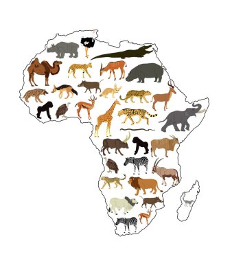 Afrika 'nın kıta haritası vahşi hayvanlarla illüstrasyon oluşturur. Afrika doğası için seyahat davetiyesi. Zürafa, aslan, fil, gergedan, su aygırı ve zebrayla dolu Savannah safari gezisi..