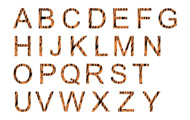 Kaplan alfabesi, vektör yazı tipi beyaz arkaplanda izole edilmiş vahşi model vektör çizimi. Hayvani kelimeler, kaplan harfleri..