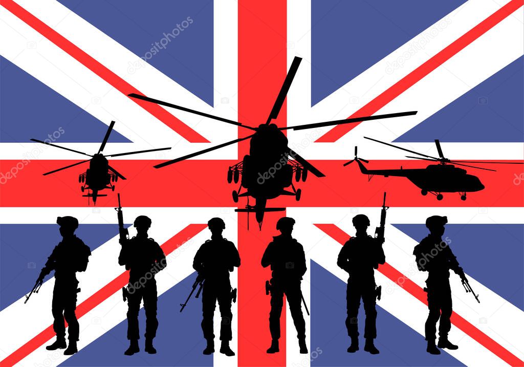 Army soldiers unit with rifles on duty over Great Britain flag vector illustration. United Kingdom protect force with helicopter unit watch guard. Patriot unit save border of country against terrorism
