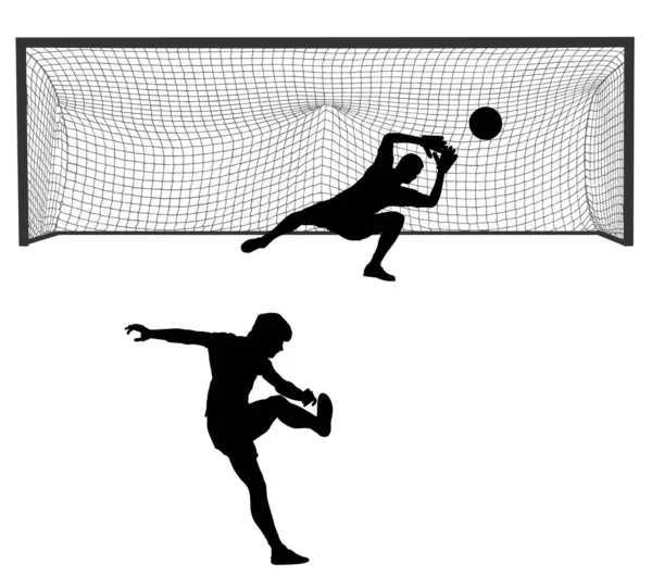 Joueur Football Kick Ball Prend Peine Contre Gardien Silhouette Vectorielle — Image vectorielle