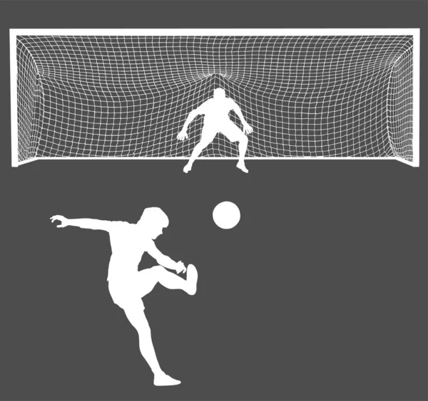 Joueur Football Kick Ball Prend Peine Contre Gardien Silhouette Vectorielle — Image vectorielle