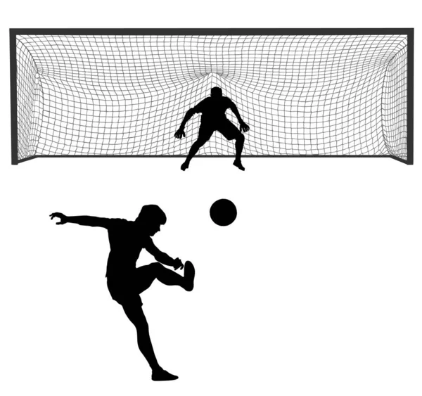 Joueur Football Kick Ball Prend Peine Contre Gardien Silhouette Vectorielle — Image vectorielle