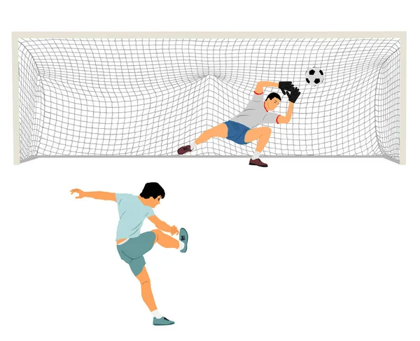 Joueur Football Kick Ball Prend Peine Contre Illustration Vectorielle Gardien — Image vectorielle