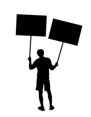 Protestocu adam vektör siluetinde şeffaf duruyor. El ele protesto işareti. Politik propaganda posterindeki insanlar. İş yerinde daha iyi işçi hakları ve maaş için oy kampanyası