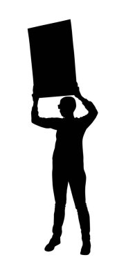 Protestocu adam vektör siluetinde şeffaf duruyor. El ele protesto işareti. Politik propaganda posterindeki insanlar. İş yerinde daha iyi işçi hakları ve maaş için oy kampanyası