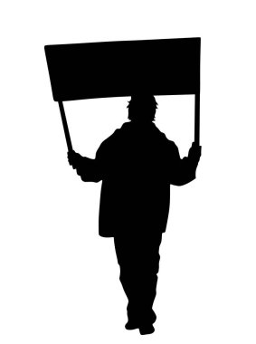 Protestocu adam vektör siluetinde şeffaf duruyor. El ele protesto işareti. Politik propaganda posterindeki insanlar. İş yerinde daha iyi işçi hakları ve maaş için oy kampanyası
