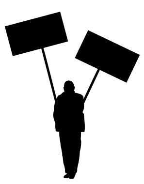 Protestocu adam vektör siluetinde şeffaf duruyor. El ele protesto işareti. Politik propaganda posterindeki insanlar. İş yerinde daha iyi işçi hakları ve maaş için oy kampanyası