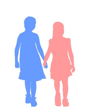 Yürüyen ve el ele tutuşan iki kız vektör silueti çizimi. Aşıklar, aile değerleri. En iyi arkadaşlar. Kadınların gücü.