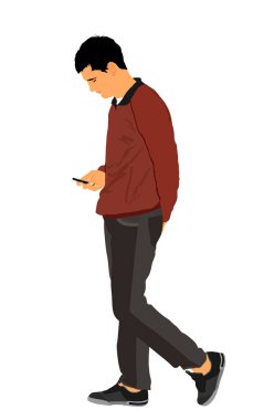 Üzgün adam beyaz arka planda izole edilmiş cep telefonu vektör illüstrasyonuyla konuşuyor. Şehir çocuğu cep telefonuyla yürüyor, endişeleniyor ve kızların onu aramasını bekliyor. Çevrimiçi internet Wi-Fi bağlantısı ile selfie.