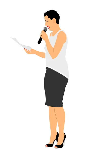 Montrez Femme Hôte Parlant Sur Illustration Vectorielle Microphone Head Annonce — Image vectorielle