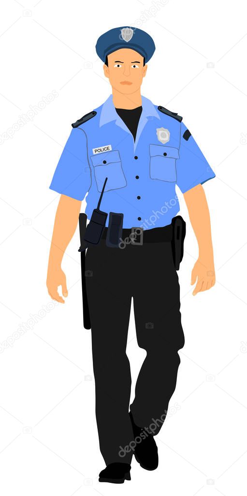 Policeman officer on duty vector illustration isolated on white background. Police man in uniform in patrol on street.  Security service member protect people. Law and order. 