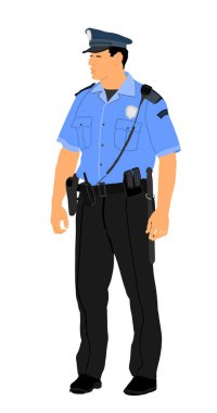 Görevli polis memuru vektör çizimi beyaz arka planda izole edildi. Polis üniformalı adam sokakta devriye geziyor. Gizli Servis Üyesi insanları korur. Yasa ve düzen. 
