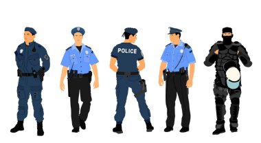 Görevli polis memuru vektör çizimi beyaz arka planda izole edildi. Polis üniformalı adam sokakta devriye geziyor. Gizli Servis Üyesi insanları korur. Kanun ve düzen. Terörizme karşı.