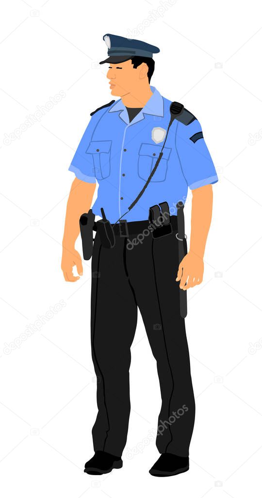 Policeman officer on duty vector illustration isolated on white background. Police man in uniform in patrol on street.  Security service member protect people. Law and order. 