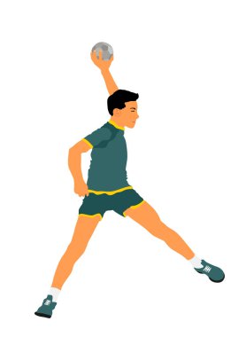 Hentbol oyuncusu aksiyon vektörü illüstrasyonunda. Zarif vücut sporu figürü. Dinamik atlet çocuk kalede atlayıp penaltı atıyor. Sporcu hentbol hücum hedefi sıçrayışta kapandı..