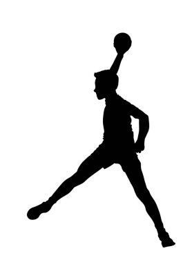 Hentbol oyuncusu aksiyon vektörü silüetinde. Zarif vücut sporu figürü. Dinamik atlet çocuk kalede atlayıp penaltı atıyor. Sporcu hentbol hücum hedefi sıçrayışta kapandı..