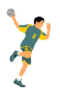 Hentbol oyuncusu aksiyon vektörü illüstrasyonunda. Zarif vücut sporu figürü. Dinamik atlet çocuk kalede atlayıp penaltı atıyor. Sporcu hentbol hücum hedefi sıçrayışta kapandı..