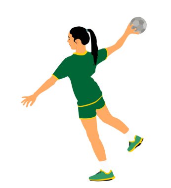 Kız hentbolcu hareket halinde ve top vektör çizimi beyazda izole edilmiş. Hentbolcu kadın penaltı atıyor. Havaya atlayan sporcu kadın..