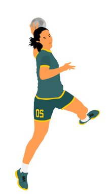 Kız hentbolcu hareket halinde ve top vektör çizimi beyazda izole edilmiş. Hentbolcu kadın penaltı atıyor. Havaya atlayan sporcu kadın..