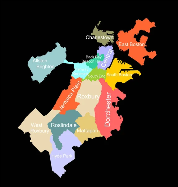 Boston Mapa Cidade Silhueta Vetorial Ilustração Isolada Sobre Fundo Preto — Vetor de Stock