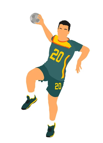 アクションベクトルイラストのハンドボール選手 エレガントなボディスポーツフィギュア ダイナミックアスリートの少年ジャンプやゴールで罰を撃つ スポーツマンハンドボール攻撃目標はジャンプでシャットダウン — ストックベクタ
