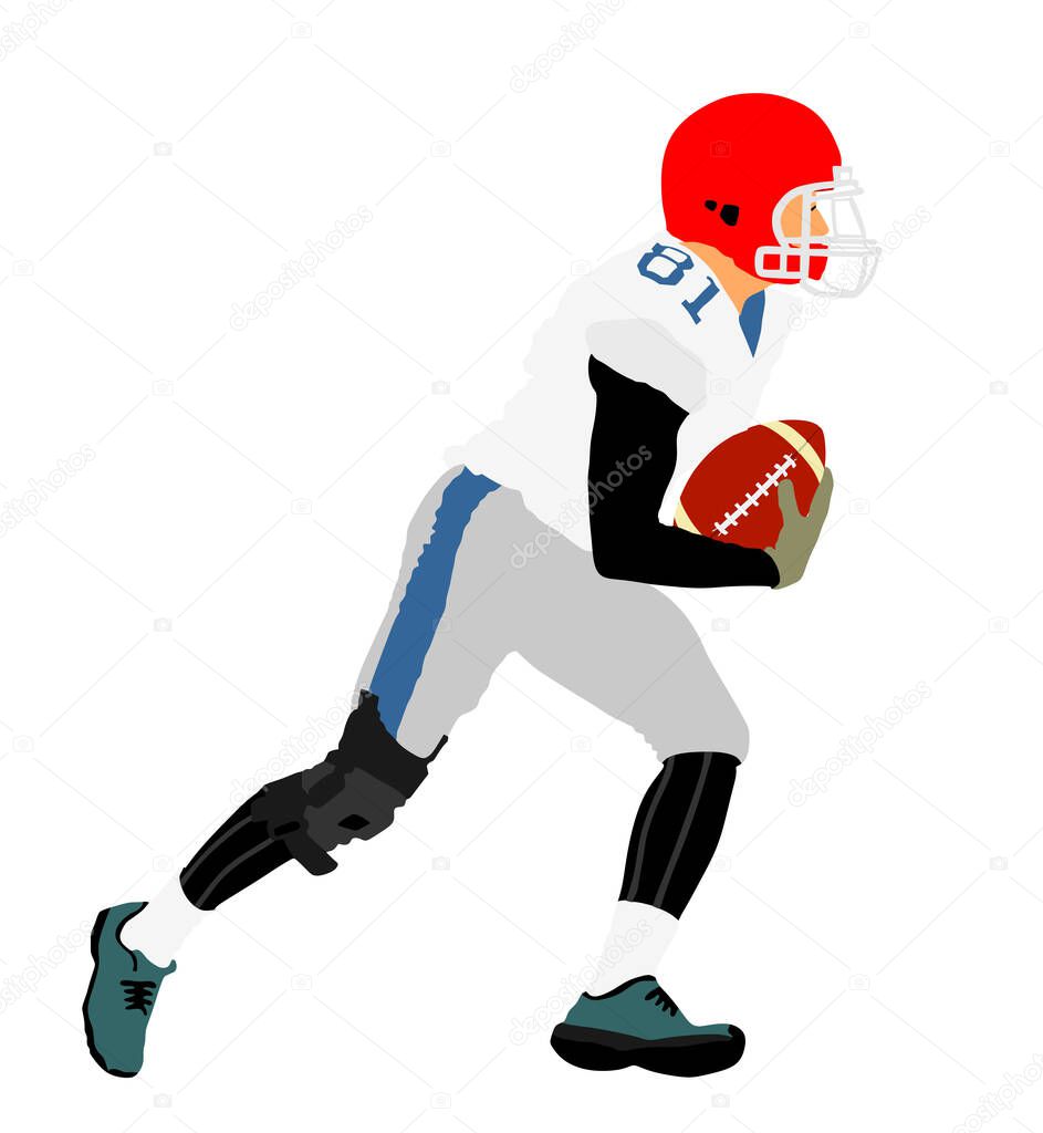 American football player in action, vector illustration isolated on white background. Sportsman in full equipment on court. Rugby sport man with ball. Popular collage sport super star.