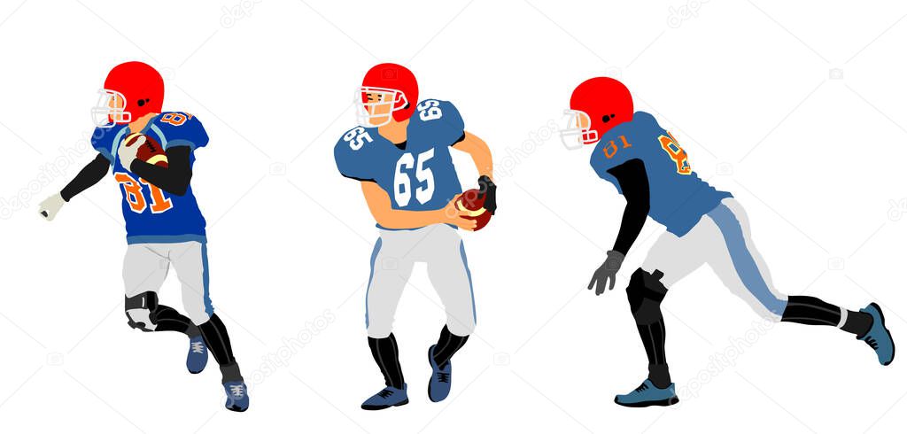 American football player in action, vector illustration isolated on white background. Sportsman in full equipment on court. Rugby sport man with ball. Popular collage sport super star.