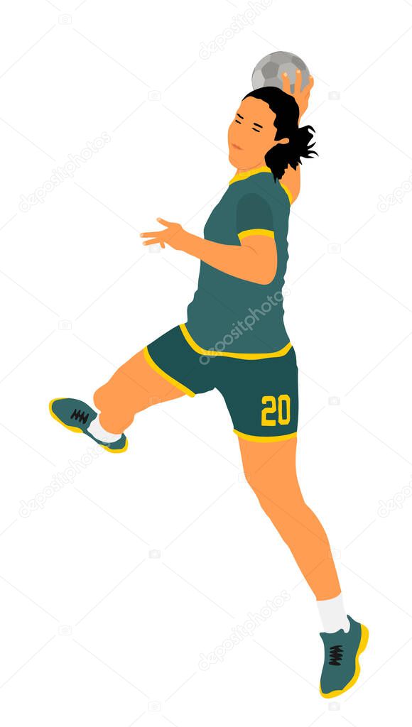 Girl handball player in action with ball vector illustration isolated on white. Woman handball player shoots a penalty. Sport lady jumping in the air.