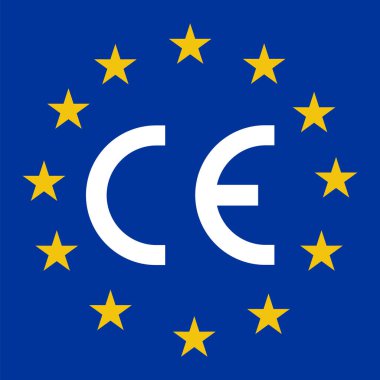 Europe CE mark symbol vector illustration isolated on blue background. Certification mark sign. CE European Conformity certification mark, quality guarantee