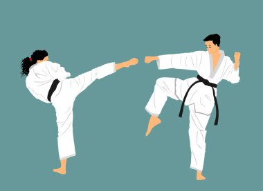 Kimono vektör illüstrasyonlu karateci kadın ve erkek dövüşçüler arasındaki dövüş. Japonya geleneksel dövüş sporları disiplini. Kıza karşı erkek savunma becerisi. Hanımefendi, kendinizi erkeklerin saldırganlarından koruyun.