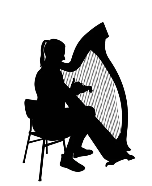 Vrouw Speelt Harp Vector Silhouet Geïsoleerd Muziek Meisje Met Strijkinstrument — Stockvector