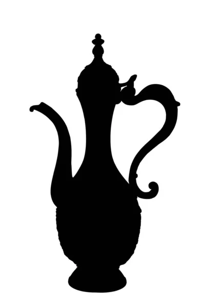 古老的东方茶壶在白色地面上孤立的矢量轮廓图解 茶具或咖啡壶用黄铜阿拉伯铜壶 — 图库矢量图片