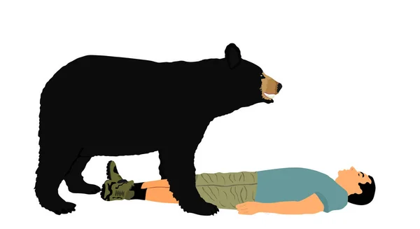 人类躺在地上 假装死了 以保护自己不受基于白色背景孤立的熊攻击媒介的攻击 户外自然险情 男孩躺在地上与愤怒的野兽搏斗 — 图库矢量图片