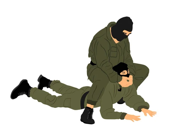 士兵特种部队成员技能演示与恐怖敌人矢量分离的白色背景说明 人类在地面上与侵略者作战 为生命而战 警察逮捕 — 图库矢量图片