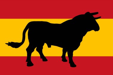 Spanish flag with Bullfight bull vector silhouette illustration. Ox on Spain flag symbol. Strong animal in traditional fight against matador.