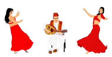 Arab musician man play oud lute mandola with sensual belly dancer woman coquette vector illustration. Traditional oriental entertainment dance erotic lady. Middle east culture sheikh harem amusement 