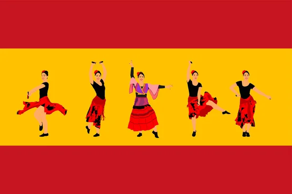 Attractive Spanish Girl Flamenco Dancer Vector Illustration Spain Flag Hispanic — Vector de stock