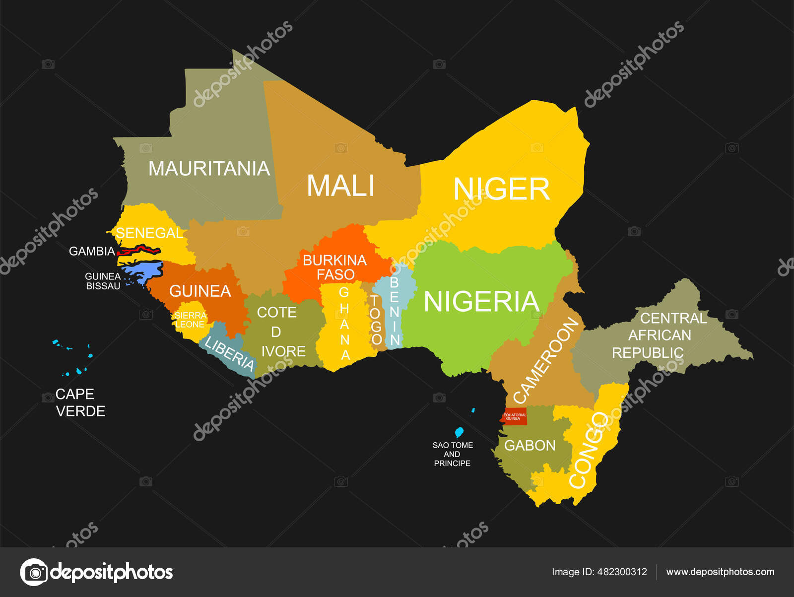 西非矢量图高度详细的轮廓说明孤立在黑色背景在没有国家成员的情况下划分边界的西非区域地图Cote Ivore地图图库矢量图©Dovla982  482300312
