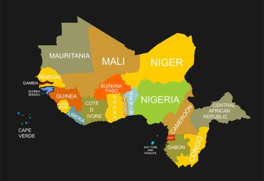 Western Africa vector map high detailed silhouette illustration isolated on black background. Western Africa regional map with separated borders without country members. Cote d Ivore map.