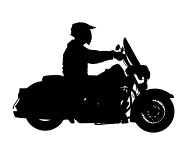 Motorcu asfalt yol vektör silüetinde motosiklet sürüyor. Özgürlük aktivitesi. Bisikletle yolculuk. Motosikletli, kask siluetli bir adam. Motosikletli çocuk. Özgürlük kavramı.