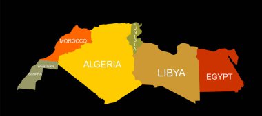 Kuzey Afrika vektör haritası yüksek detaylı siluet çizimi siyah arkaplanda izole edildi. Kuzey Afrika bölgesel haritası ülke üyeleri olmadan ayrılmış sınırlar.